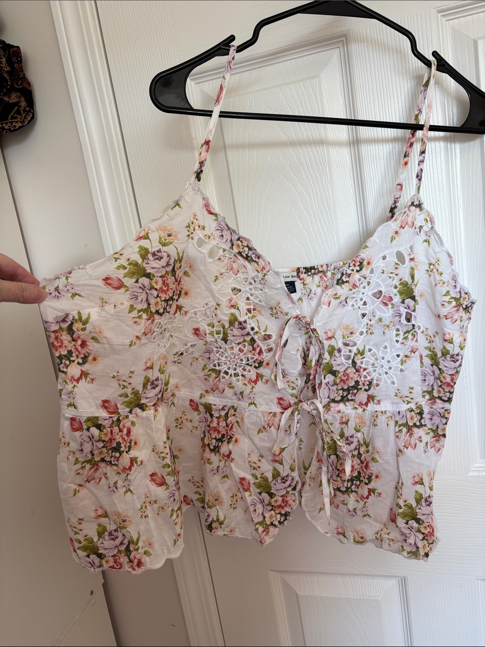 American Eagle Outfitters White Floral Eyelet Tie-Front Cami